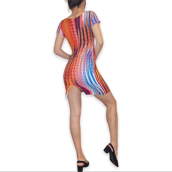 TracyReese Artsy Multicolor Stripe Psychedelic Print Ruched Bodycon Silk dress 0 - Picture 11 of 16